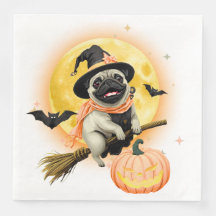 Crazy Happy Halloween Pug Riding a Flying Broom