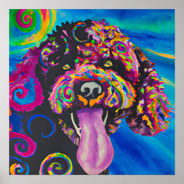 Crazy Happy Portuguese Water Dog Portrait Art Poster (Front)