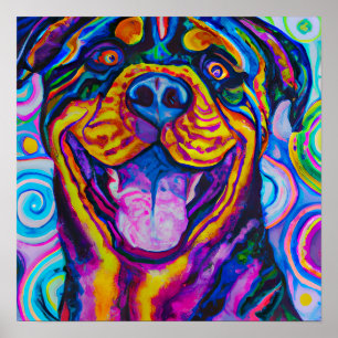 Crazy Happy Rottweiler Dog Portrait Art Poster