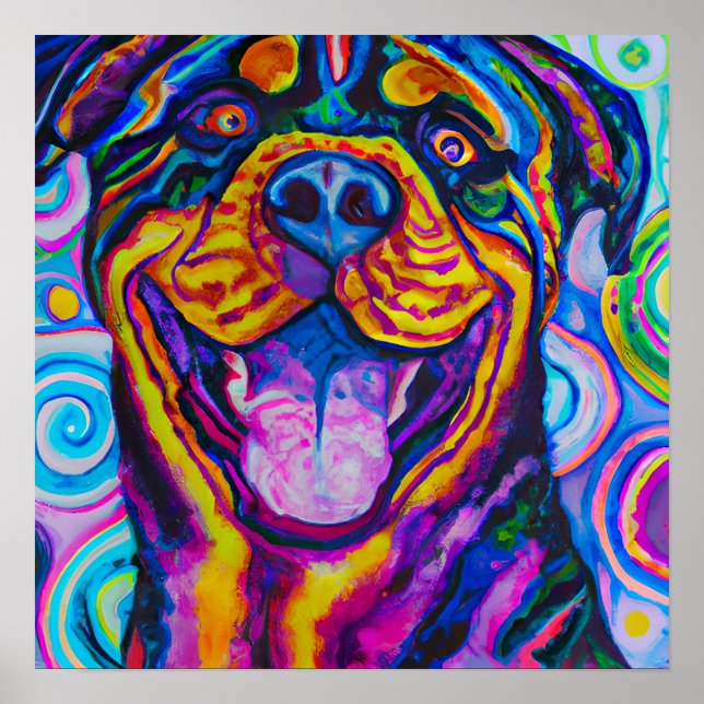Crazy Happy Rottweiler Dog Portrait Art Poster (Front)