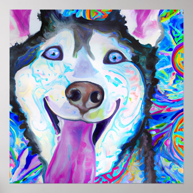 Crazy Happy Siberian Husky Dog Portrait Art Poster (Front)