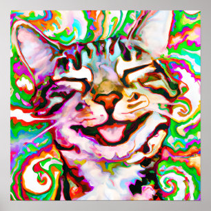 Crazy Happy Tabby Cat Portrait Art Poster