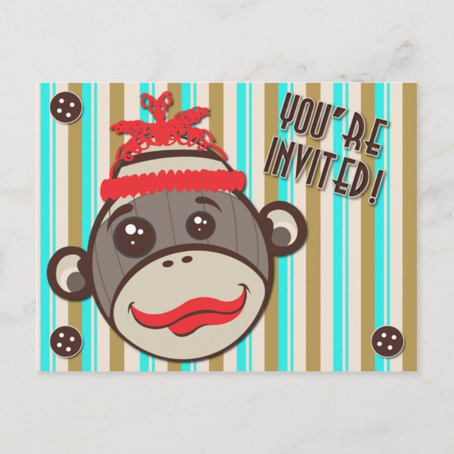 Crazy Hat Sock Monkey You're Invited  Postcard (Front)