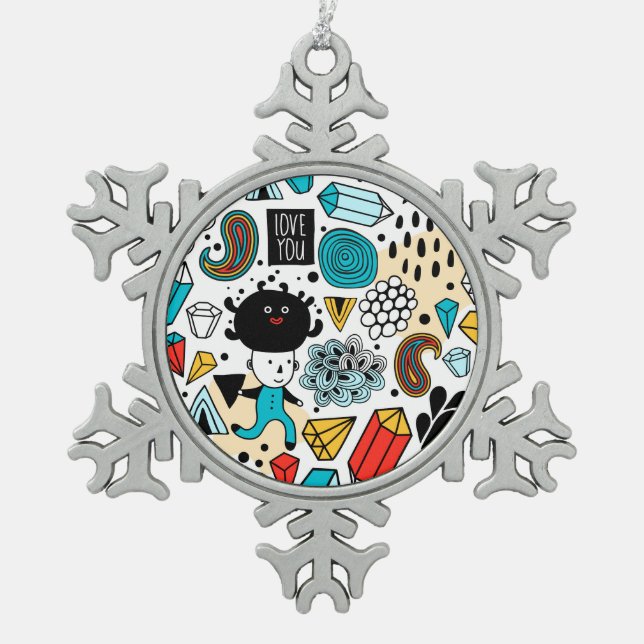 Crazy head snowflake pewter christmas ornament (Front)