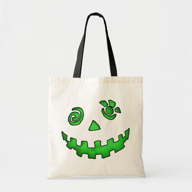 Crazy Jack O Lantern Pumpkin Face Green Tote Bag (Front)
