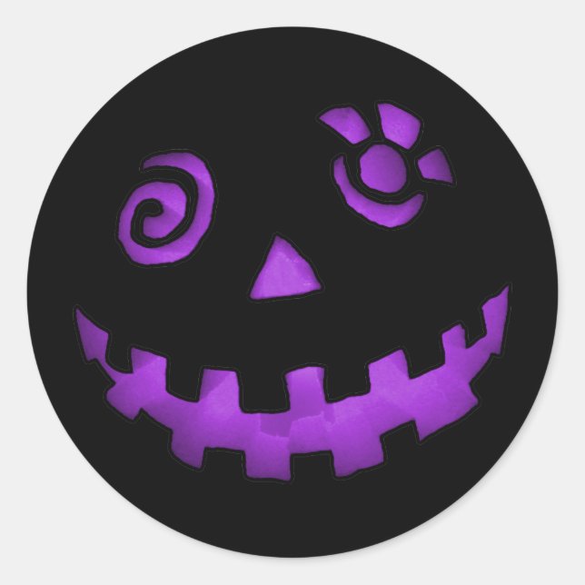 Crazy Jack O Lantern Pumpkin Face Purple Classic Round Sticker (Front)