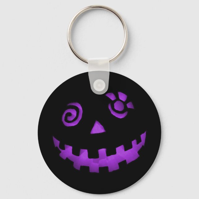 Crazy Jack O Lantern Pumpkin Face Purple Key Ring (Front)