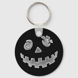 Crazy Jack O Lantern Pumpkin Face White Grey Key Ring