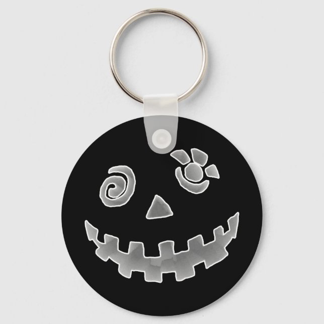 Crazy Jack O Lantern Pumpkin Face White Grey Key Ring (Front)
