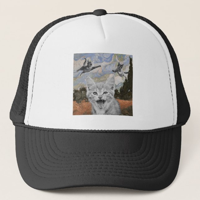 Crazy Kitties Having Fun Surrealistic Illustration Trucker Hat (Front)
