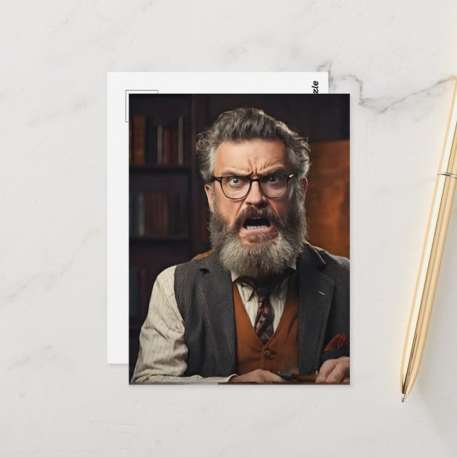Crazy mad professor with beard postcard (Front/Back In Situ)
