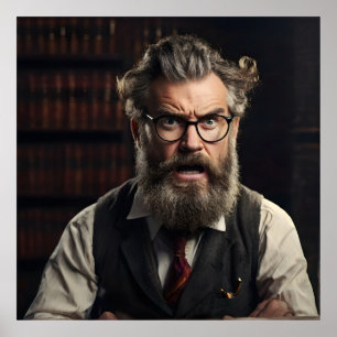 Crazy mad professor with beard poster