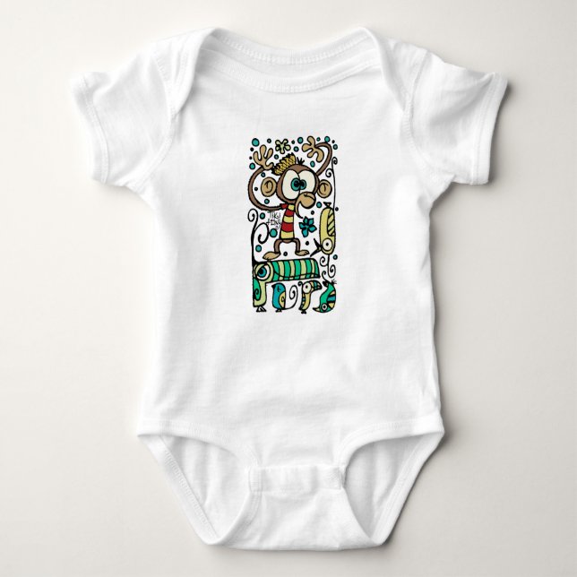 Crazy Monkey and Birds Baby Bodysuit (Front)