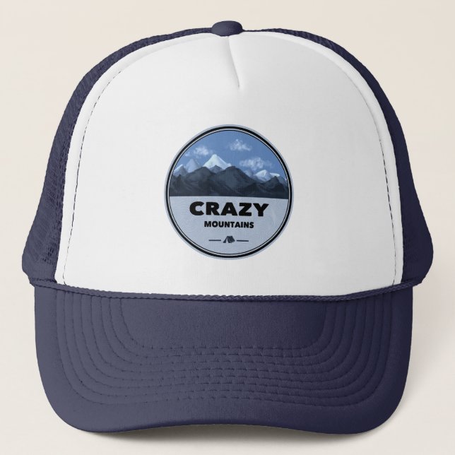 Crazy Mountains Montana Camping Trucker Hat (Front)