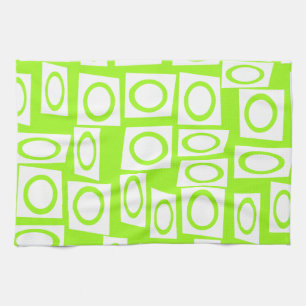 Crazy Neon Lime Green Fun Circle Square Pattern Tea Towel