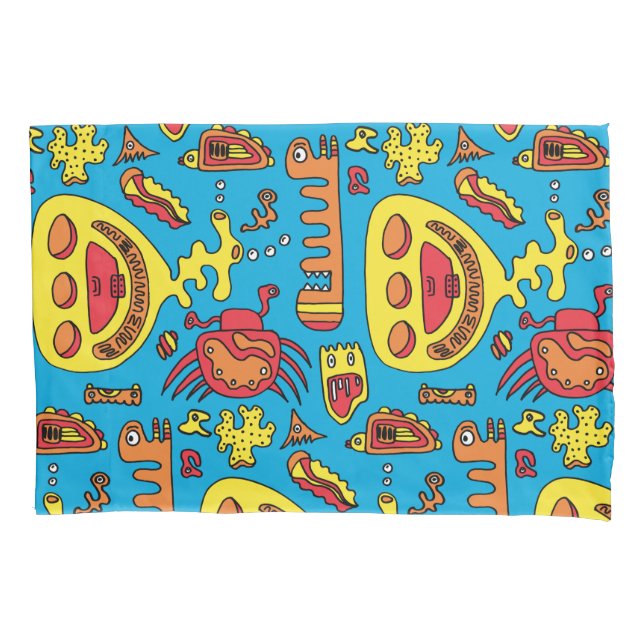 Crazy Ocean Creatures and Yellow Submarine Jigsaw  Pillowcase (Front)