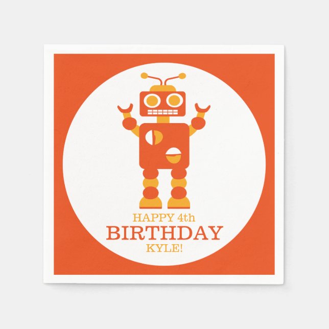 Crazy Orange Robot Personalised Birthday Party Napkin (Front)