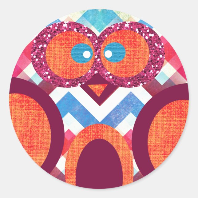 Crazy Owl Colourful Chevron Purple Orange Pink Blu Classic Round Sticker (Front)