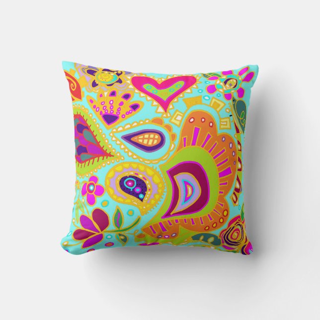 Crazy Paisley TWO sided Throw Pillow Aqua/Orange (Front)