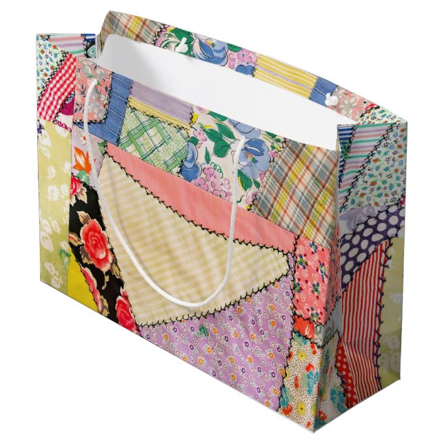 Crazy Patchwork Quilt With Zigzag Stitching Large Gift Bag (Back Angled)