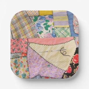 Crazy Patchwork Quilt With Zigzag Stitching Paper Plate