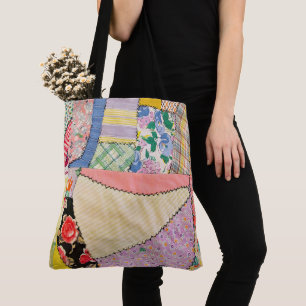 Crazy Patchwork Quilt With Zigzag Stitching Tote Bag