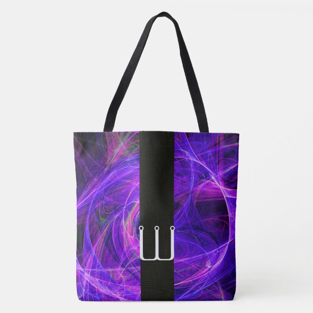 CRAZY PHOTON BLACK STRIPE MONOGRAM Blue Fractals Tote Bag (Front)