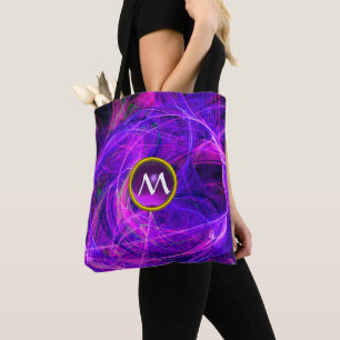 CRAZY PHOTON GEM MONOGRAM Purple Blue Fractals Tote Bag