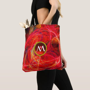 CRAZY PHOTON GEM MONOGRAM Red Orange Fractals Tote Bag