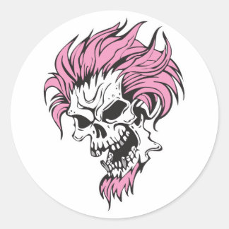 crazy pink hair skull classic round sticker