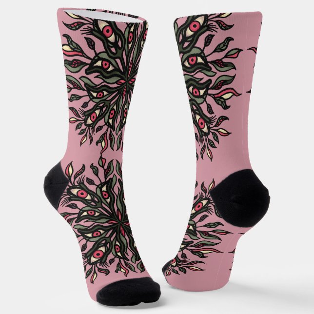 Crazy pink witch creepy nature psychedelic socks (Angled)