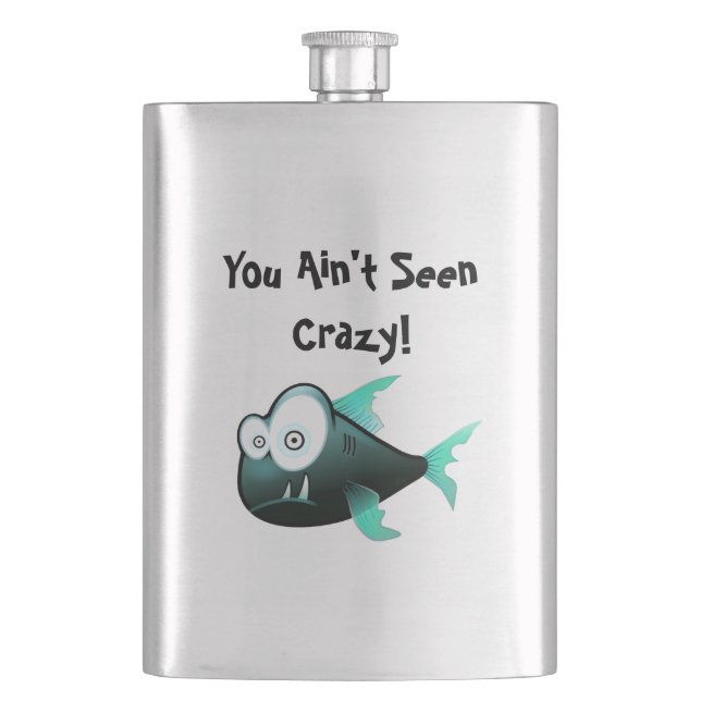 Crazy Piranha, Weird Funny Cartoon Fish Design Hip Flask (Front)