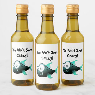 Crazy Piranha, Weird Funny Cartoon Fish Design Wine Label