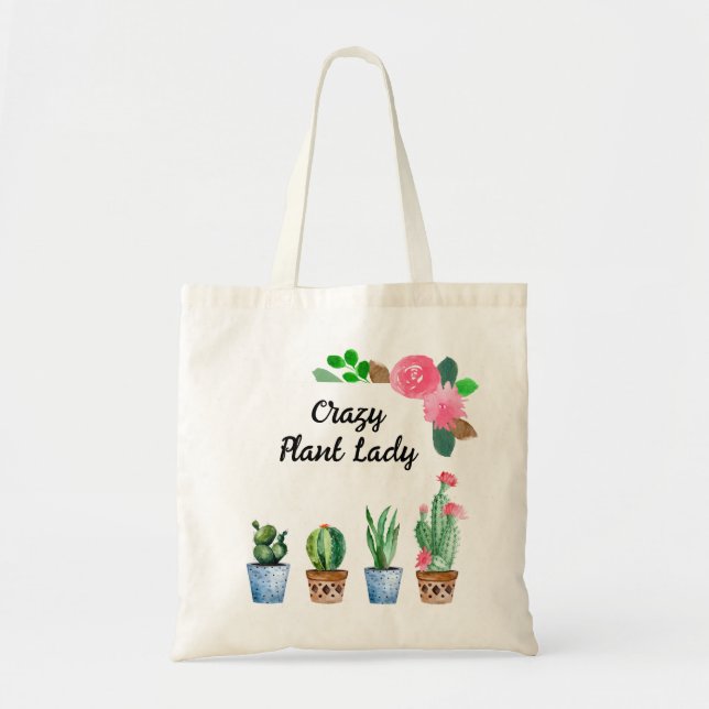 Crazy Plant Lady Boho Watercolor Potted Cactus Tote Bag (Front)
