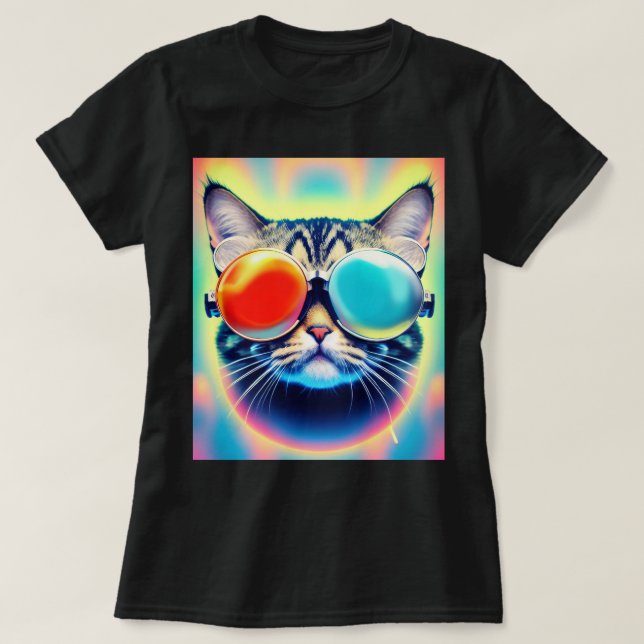 Crazy Psychedelic Psychonaut Kitty Cat White T-Shirt (Design Front)