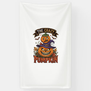 Crazy Pumpkin Halloween Witch Hat Bats Banner