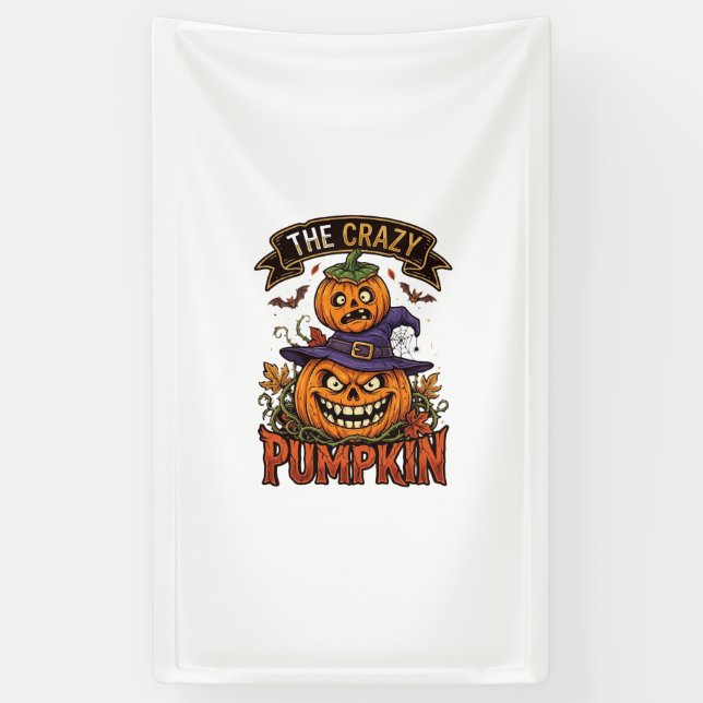 Crazy Pumpkin Halloween Witch Hat Bats Banner (Vertical)