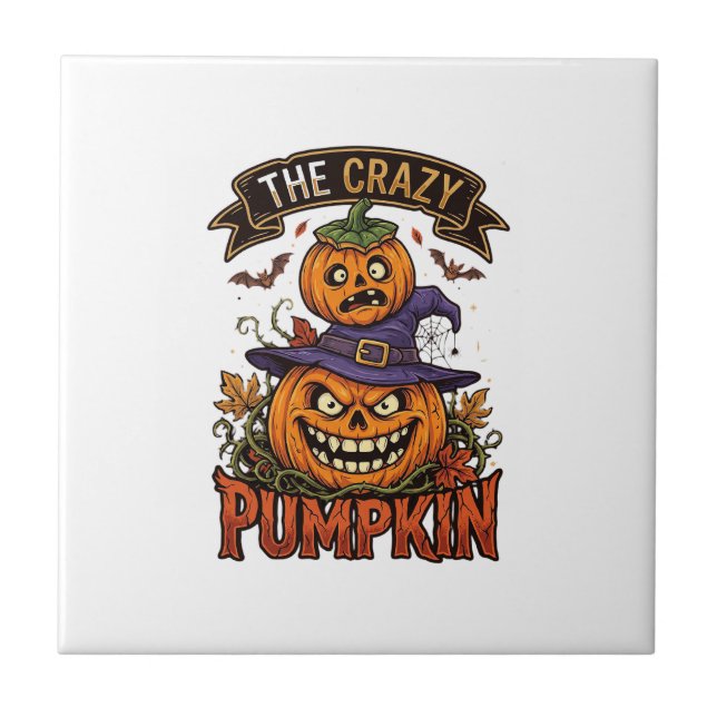 Crazy Pumpkin Halloween Witch Hat Bats Ceramic Tile (Front)