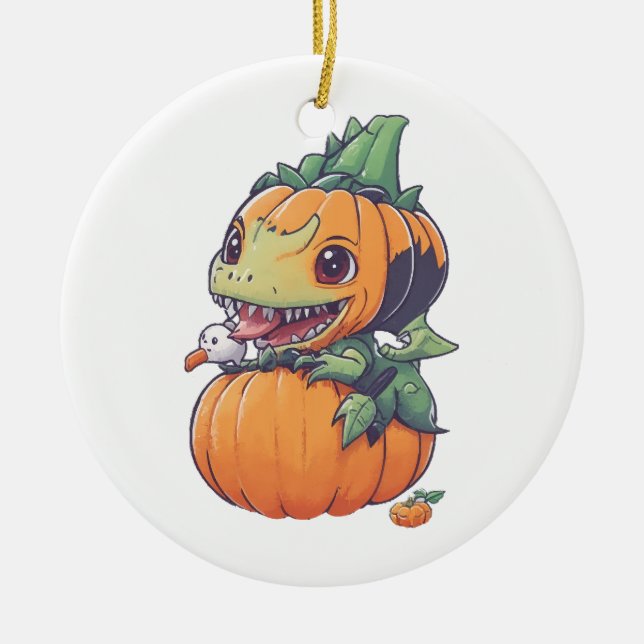 crazy pumpkin trying to eat spooky  ceramic ornament (Front)