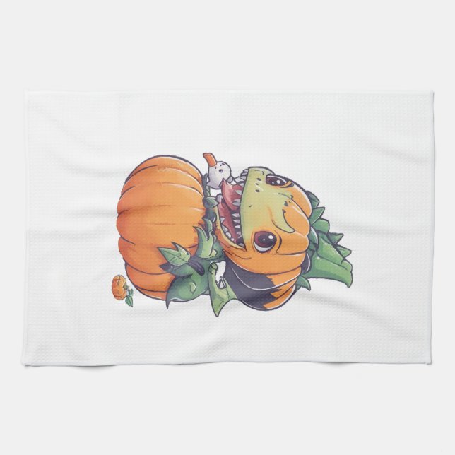 crazy pumpkin trying to eat spooky  tea towel (Horizontal)