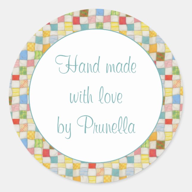 CRAZY QUILT 3" Round "Hand Made" Stickers (Front)
