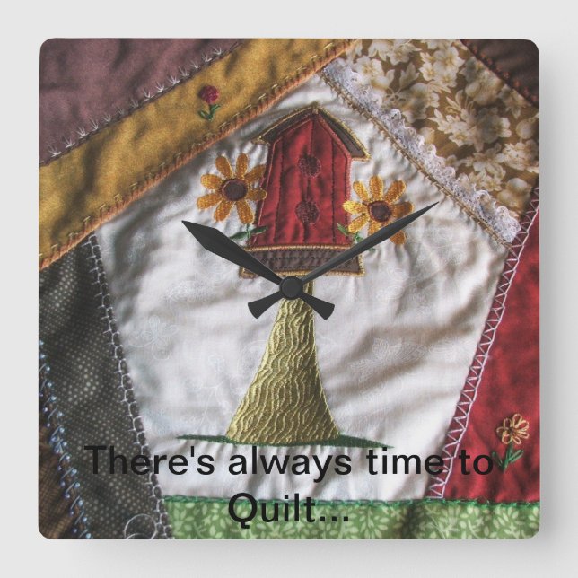 Crazy Quilt Birdhouse Square Wall Clock (Front)