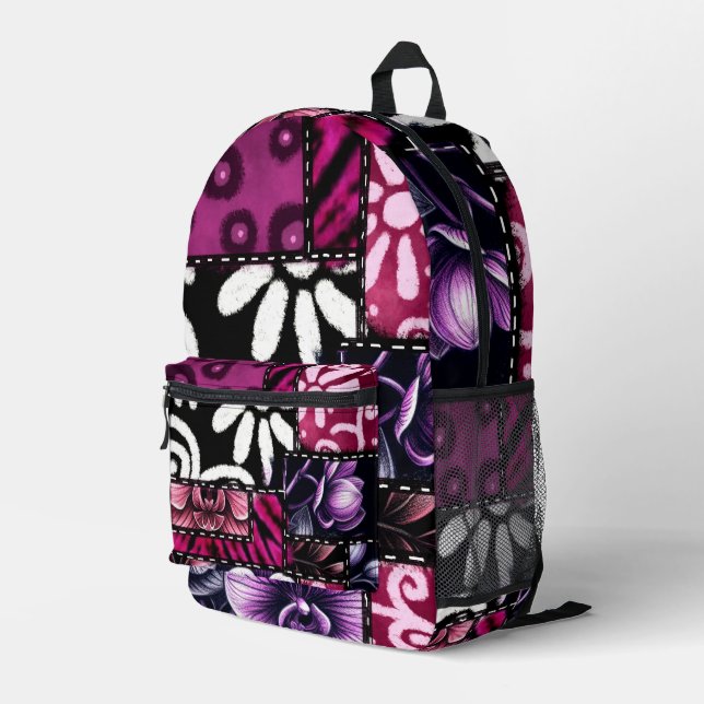 Crazy Quilt Black Cherry Floral Pattern  Printed Backpack (Back Corner Right)