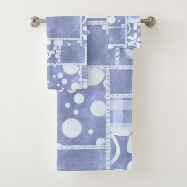 Crazy Quilt Blue Gingham Floral Pattern Bath Towel Set (Insitu)