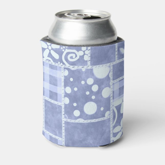 Crazy Quilt Blue Gingham Floral Pattern  Can Cooler (Can Back)