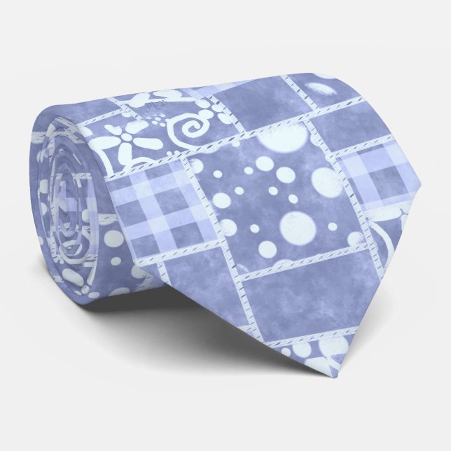 Crazy Quilt Blue Gingham Floral Pattern  Tie (Rolled)