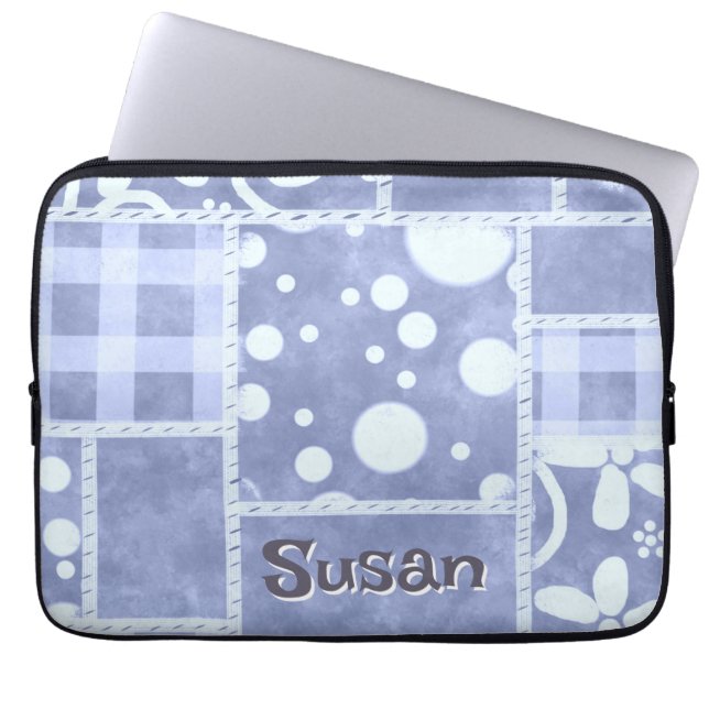 Crazy Quilt Blue Gingham Floral Personalised  Laptop Sleeve (Front)