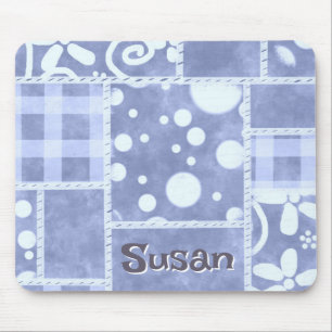 Crazy Quilt Blue Gingham Floral Personalised Mouse Pad