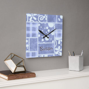 Crazy Quilt Blue Gingham Floral Personalized Square Wall Clock