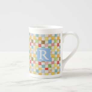 CRAZY QUILT Bone China Mug + Text / Blue